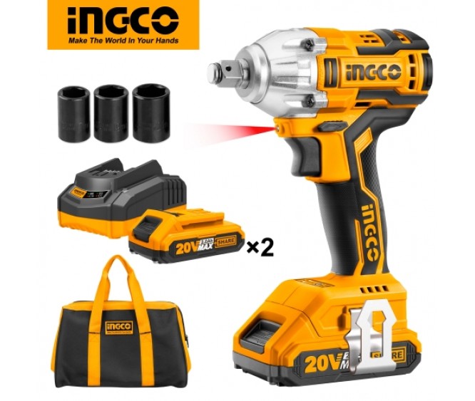 INGCO Lithiumion Brushless Impact Wrench with 2pcs 20V Battery Pack